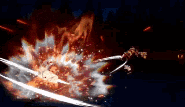 a person is holding a sword in front of a large explosion