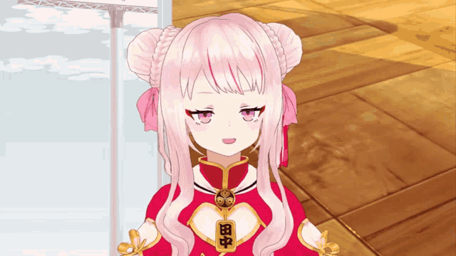 a girl with pink hair and purple eyes is wearing a red outfit