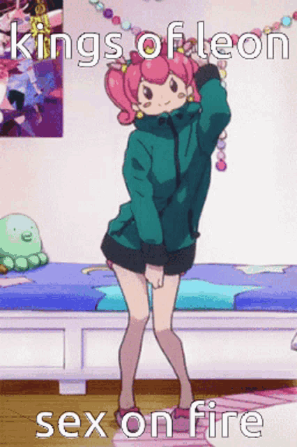 a girl with pink hair is dancing in front of a bed with the words kings of leon sex on fire above her