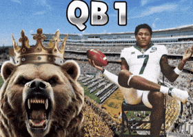 a bear with a crown on its head holds a football in front of a man wearing a number 7 jersey