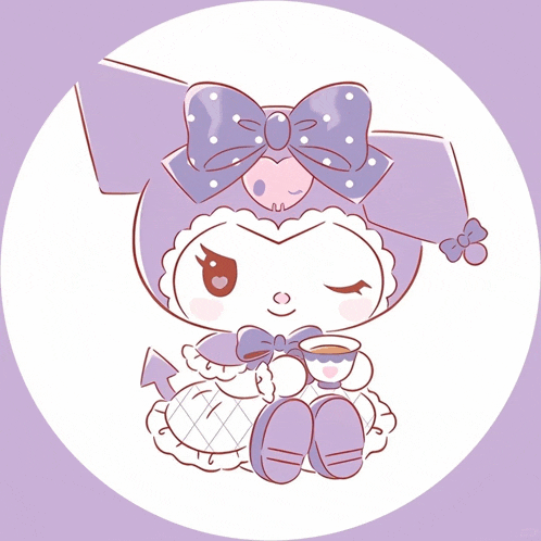 a purple and white cartoon character with a bow on her head holding a cup of tea