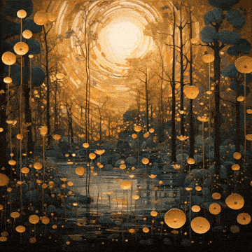 a painting of a forest with trees and flowers with the sun shining through the trees