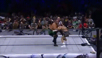 two wrestlers are wrestling in a ring with a crowd watching behind them .