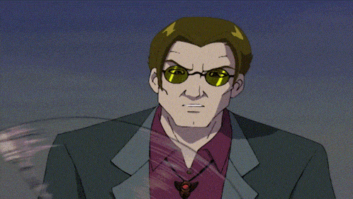 a cartoon character wearing sunglasses and a suit looks angry