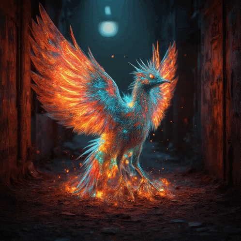 a phoenix with its wings spread is surrounded by flames