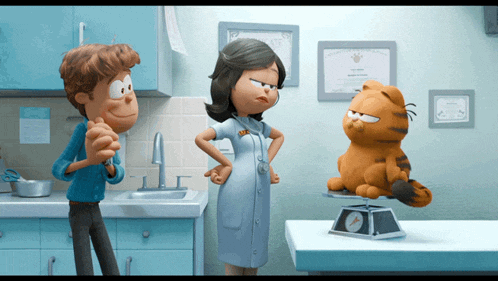garfield is being weighed on a scale by a doctor and a man