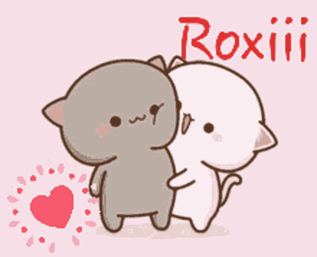 a couple of cartoon cats hugging each other with the name roxiii on the bottom right