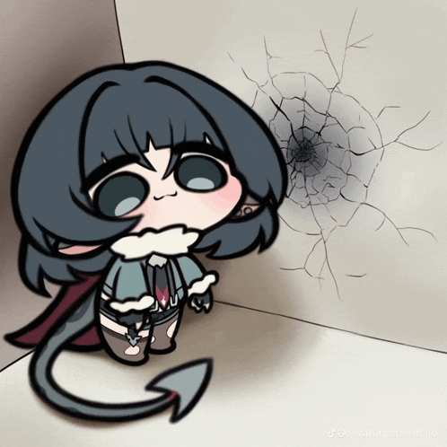 a drawing of a girl with a tail and a cracked wall