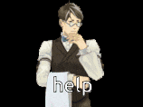 a man in a suit is holding a piece of paper with the word help on it