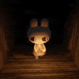 a cartoon bunny is holding a candle in a dark room .
