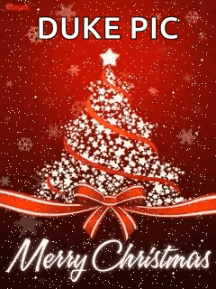 a duke pic merry christmas card with a christmas tree and snowflakes