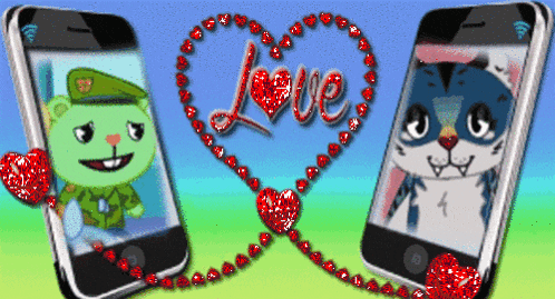 two phones are connected by hearts and the word love