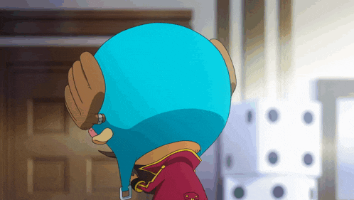 a cartoon character wearing a blue helmet and a red coat