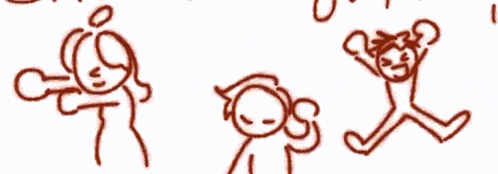 a drawing of three stick figures one of which has the letter s on their head