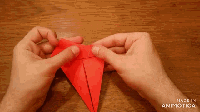 a person is making a red origami object with the words made in animotica on the bottom