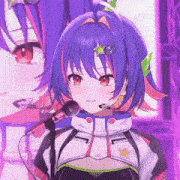 a girl with blue hair is holding a microphone in her mouth