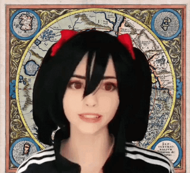 a girl in a wig is standing in front of a map that says ' sep ' on the bottom