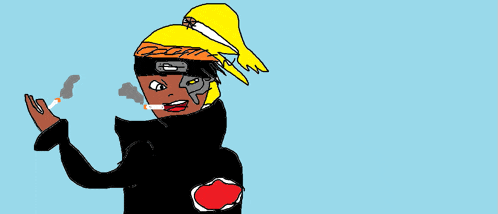 a drawing of a person smoking a cigarette with a red cloud on their back