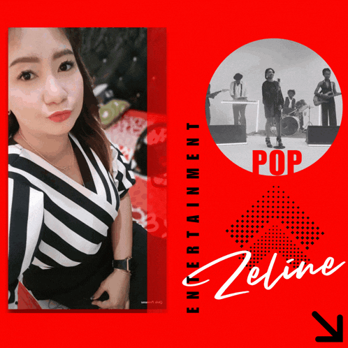 a woman in a black and white striped shirt is standing next to a pop band