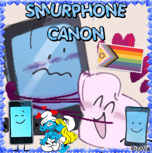 a picture of smurfs and a canon phone with a rainbow flag on it