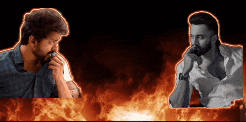 a man with a beard and a watch is standing in front of a fire