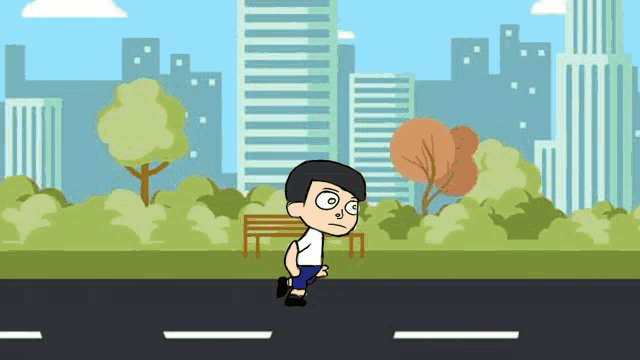 a cartoon of a boy running down a road in a park .