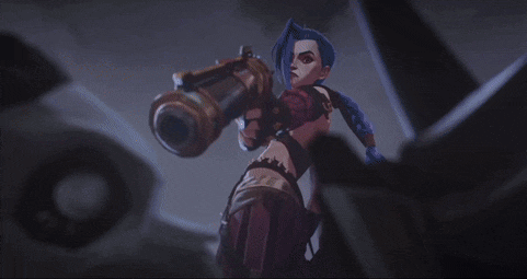 a girl with blue hair is standing in front of a pink wall holding a sword .