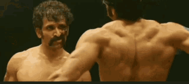a shirtless man with a mustache looks at another shirtless man in a mirror