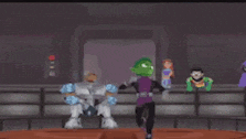 a cartoon character with green hair and a purple shirt is making a funny face
