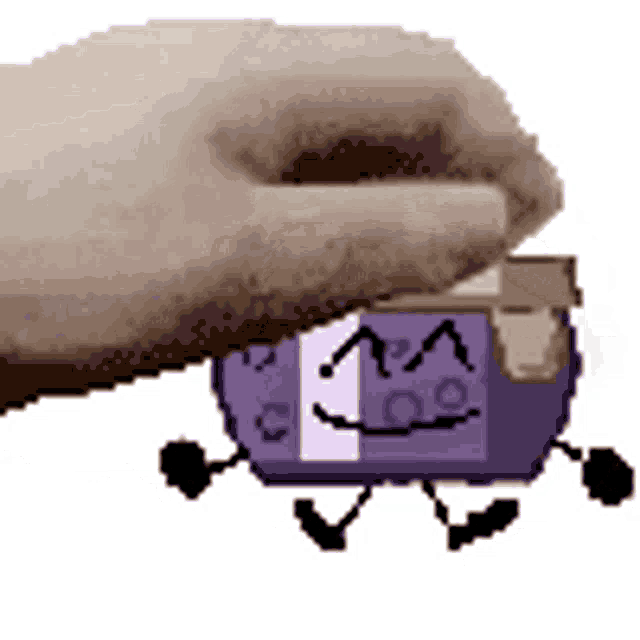 a pixel art of a hand holding a purple object with a face .