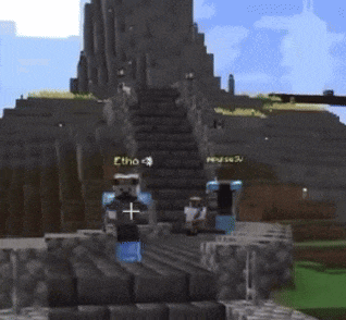 two minecraft characters are standing in front of a staircase