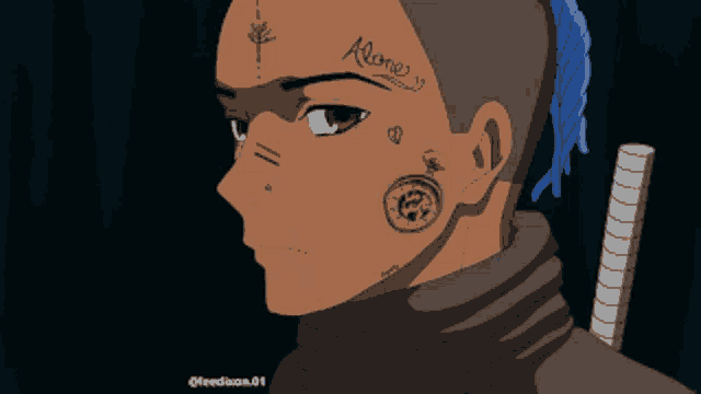 a drawing of a person with a tattoo on their face that says alone
