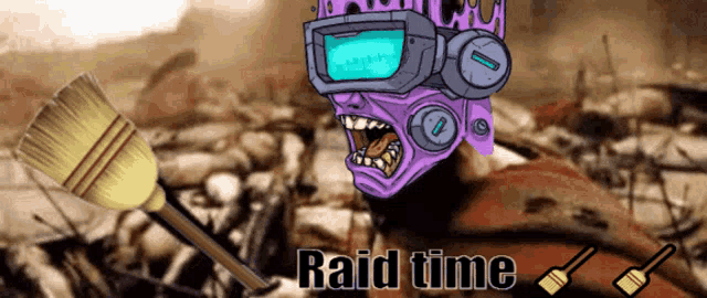 a cartoon drawing of a robot holding a broom with the words raid time below it