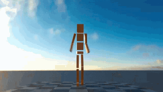 a computer generated image of a wooden mannequin standing on a checkerboard floor