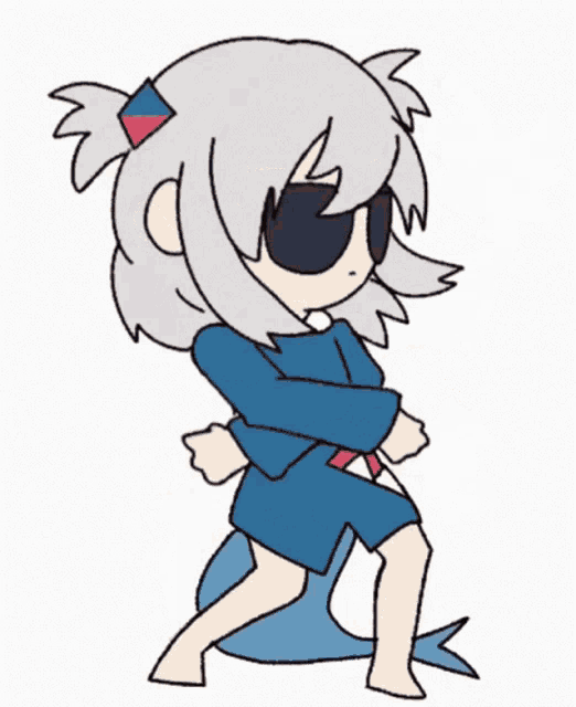 a cartoon girl wearing sunglasses and a shark shirt is dancing .