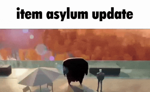 a cartoon character is standing on a beach with umbrellas and the words `` item asylum update '' below it .