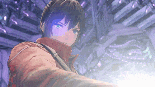 a close up of a person 's face in a video game with a purple background