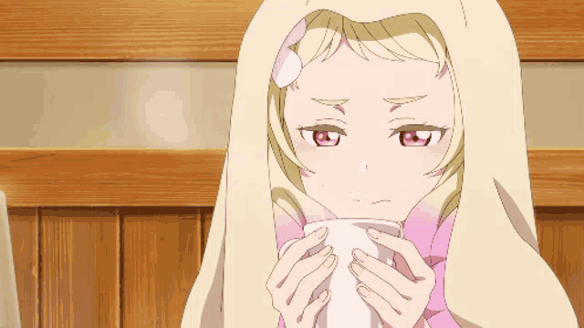 a girl with blonde hair and red eyes is drinking from a cup