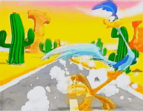 a cartoon drawing of road runner running down a road
