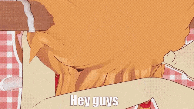 a cartoon character says hey guys on a red and white checkered table cloth