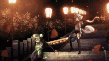 a pixel art of two anime characters standing on stairs