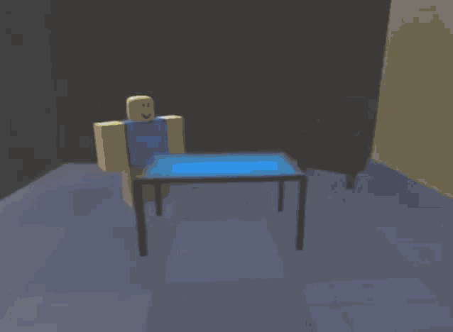 a roblox character is standing in a room with a broken table