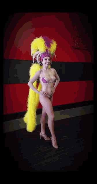 a woman in a costume with feathers on her head stands in front of a red and black wall