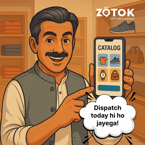 a cartoon of a man holding a cell phone with catalog on it
