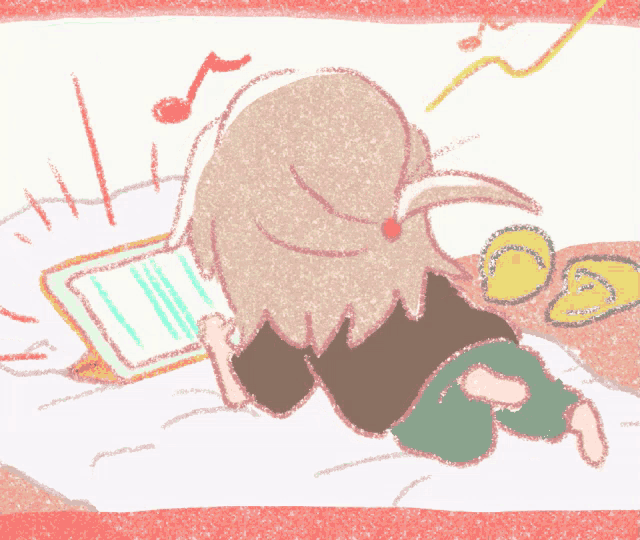 a cartoon drawing of a person laying on a bed with a tablet