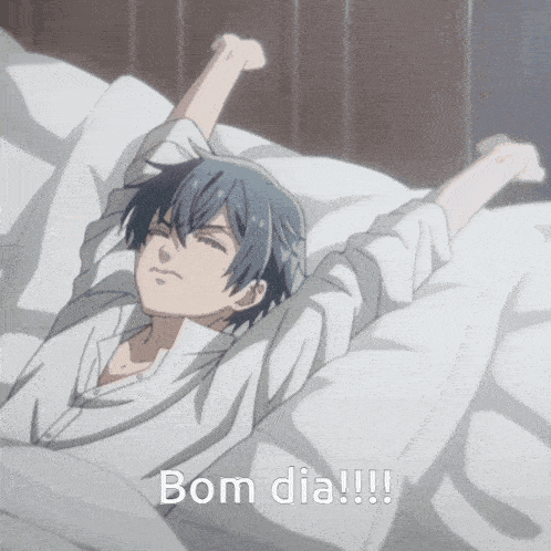 a picture of a boy laying in bed with the words bom dia !!! below him
