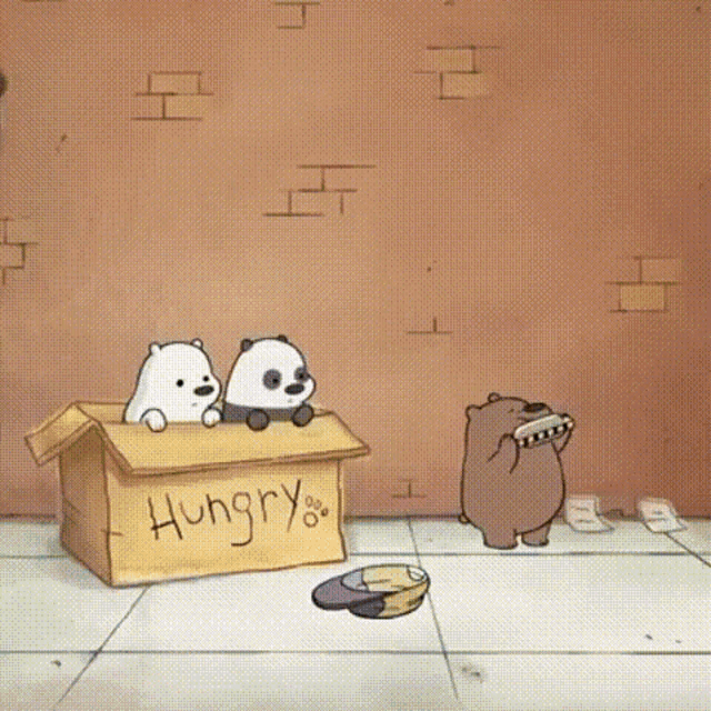 three bears are sitting in a cardboard box that says hungry .