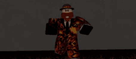a roblox character wearing a fire suit and a hat is walking in the dark .