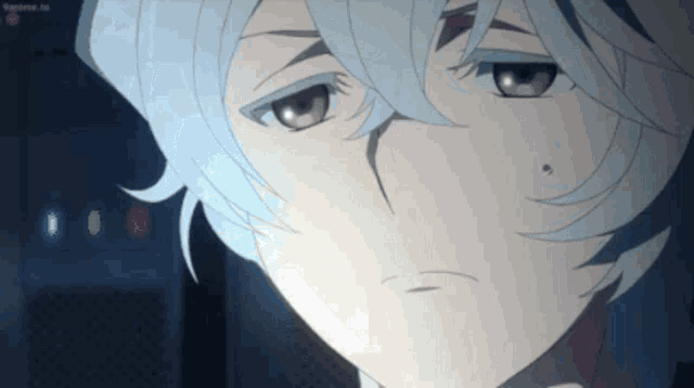 a close up of a anime character with white hair and green eyes