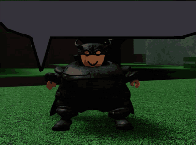 a cartoon character in a batman costume is standing on a lush green field
